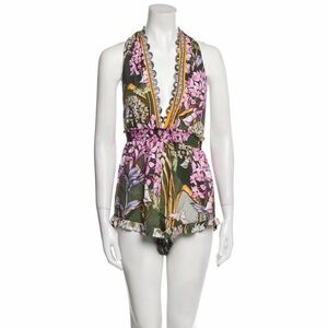 Aqua Bendita Floral Halter Romper with Pink and Green